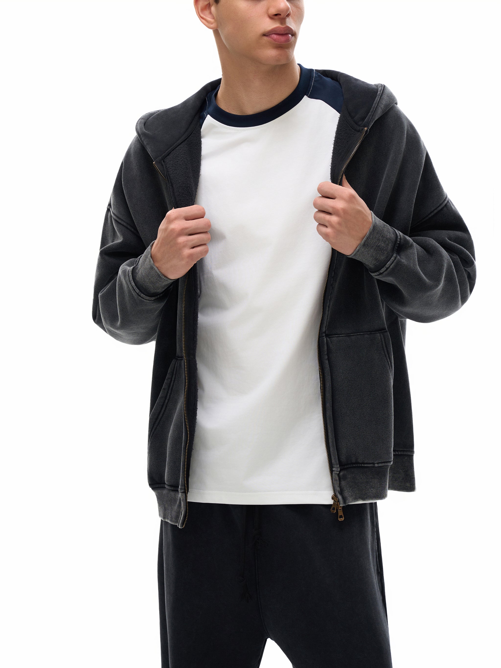 Snow Washed Zip-Through Fleece Hoodie