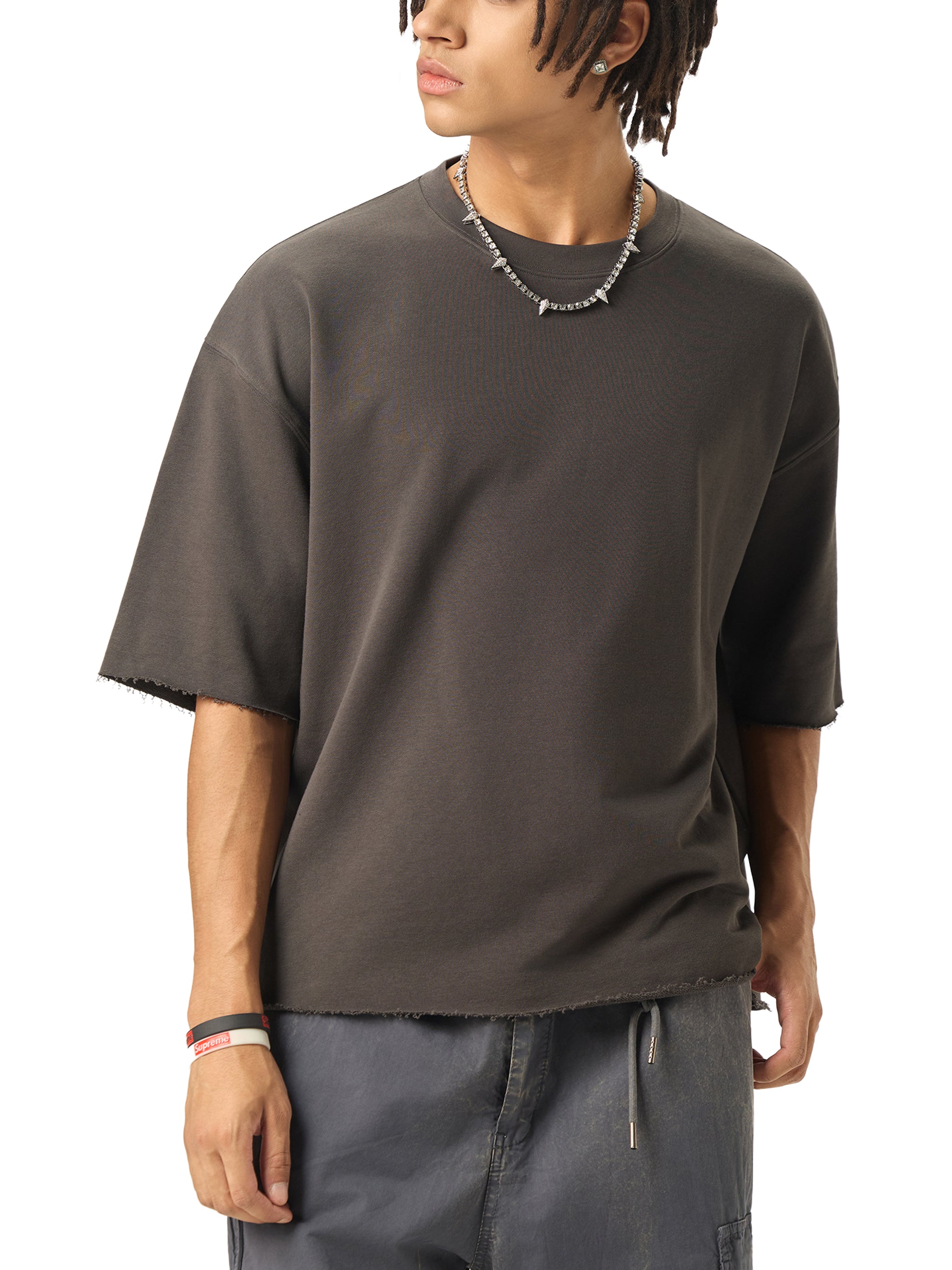 Boxy Half-Sleeve Raw-Edge T-Shirt