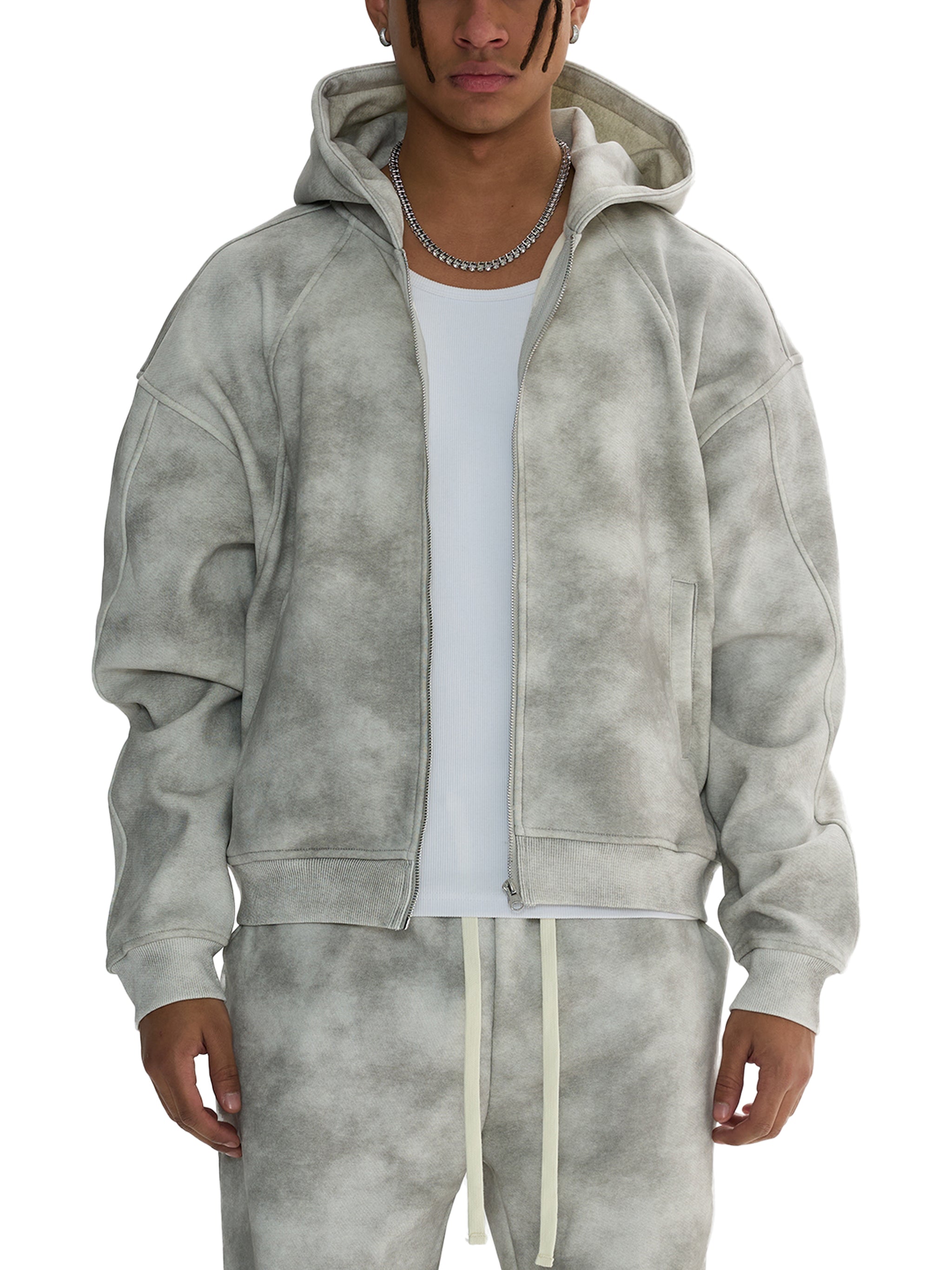 Dirty Washed Boxy Zip-up Fleece Hoodie