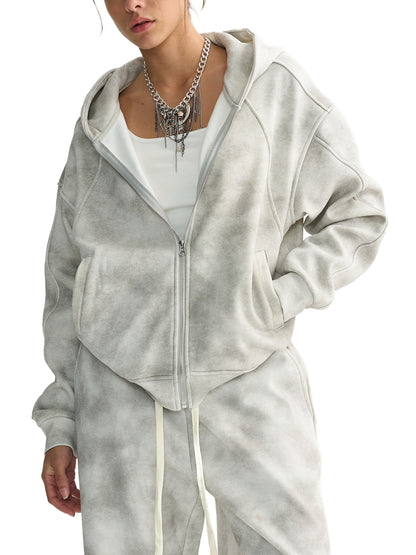 Dirty Washed Boxy Zip-up Fleece Hoodie