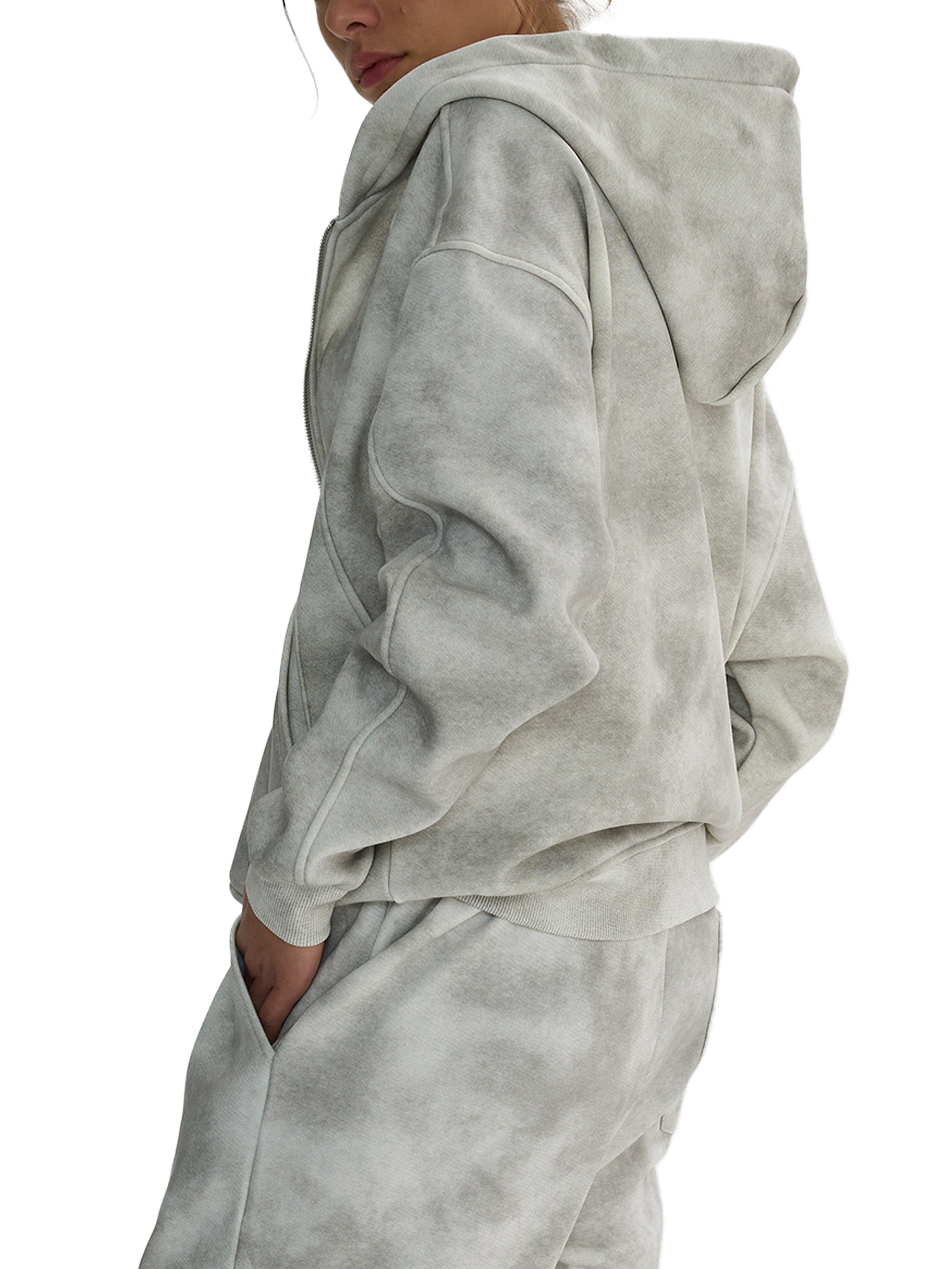 Dirty Washed Boxy Zip-up Fleece Hoodie