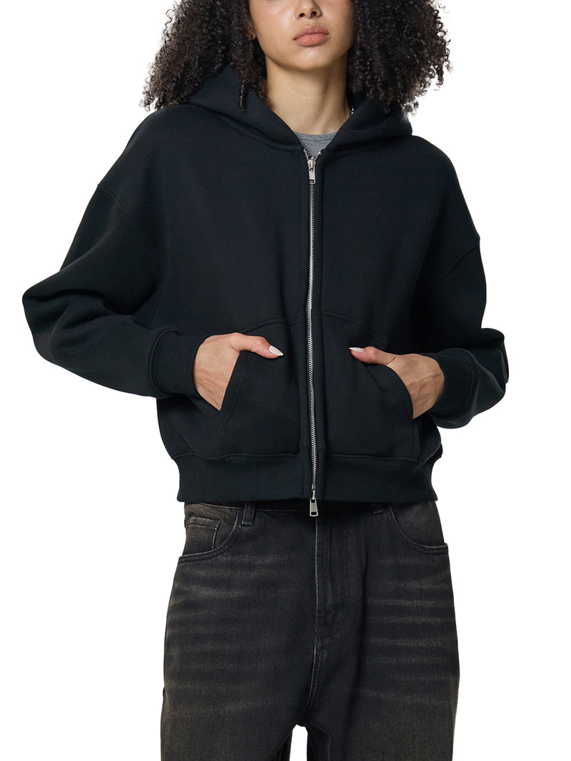 Fleeced Zip-Up Cropped Hoodie