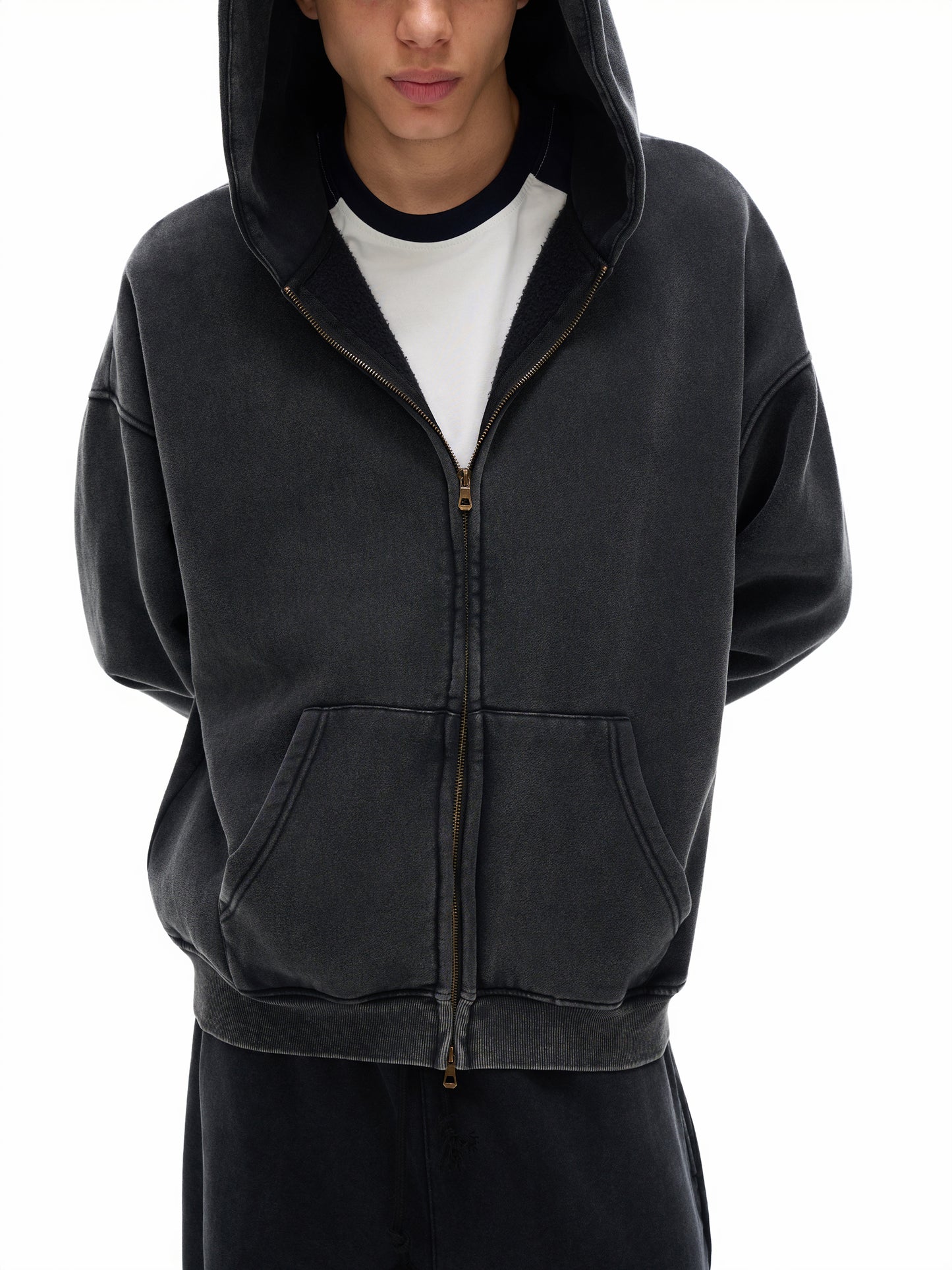 Snow Washed Zip-Through Fleece Hoodie